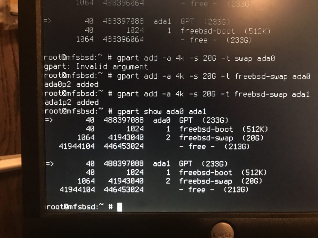 gpart add -a 4k -s 20G -t freebsd-swap ada0