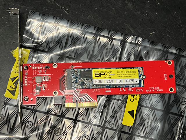 Photo of nvd1 / BPXP NVMe drive on a PCIe slot after being removed from the server.