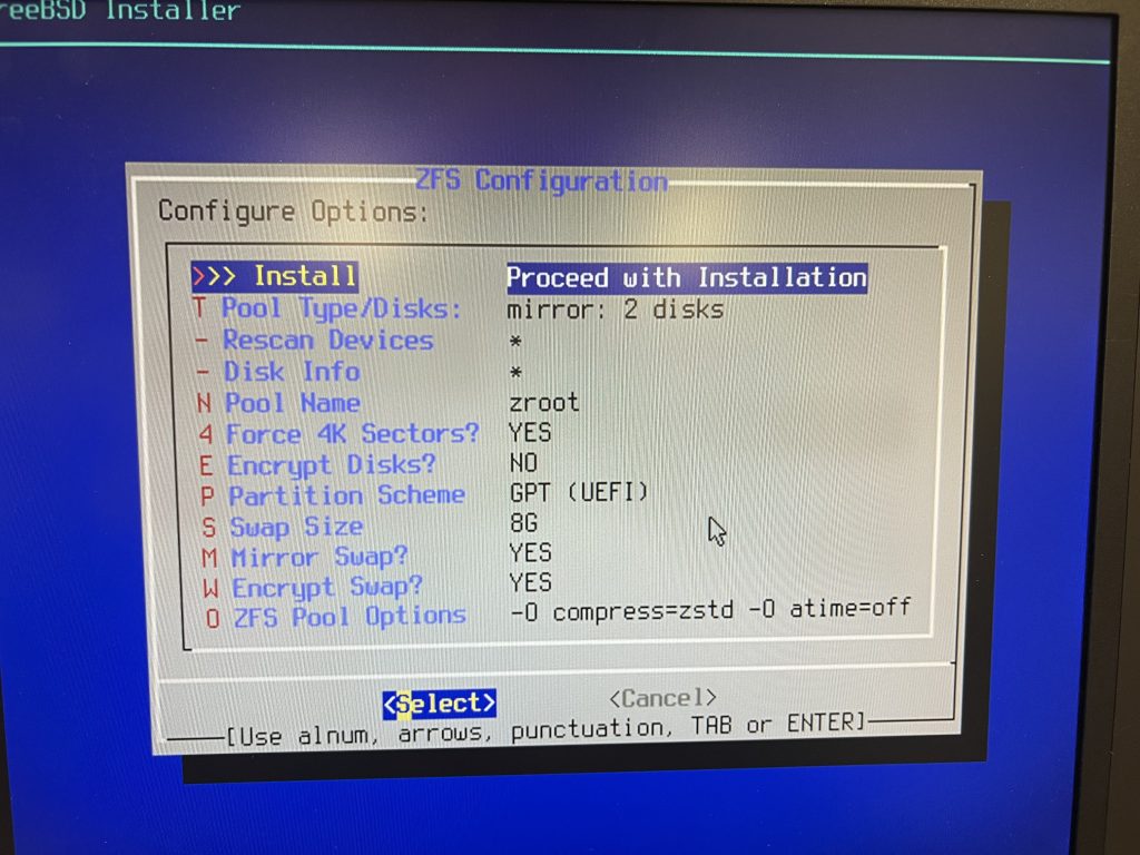 The options I chose: mirror, UEFI, 8G swap, mirror & encrypt swap, use zstd compression